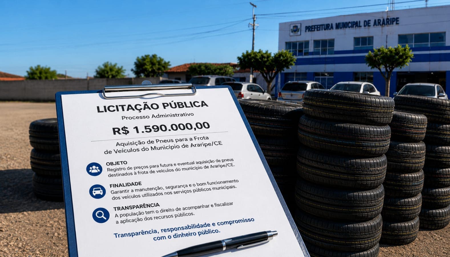 Licitação de R$ 1,59 milhão para compra de pneus em Araripe gera debate sobre gastos públicos